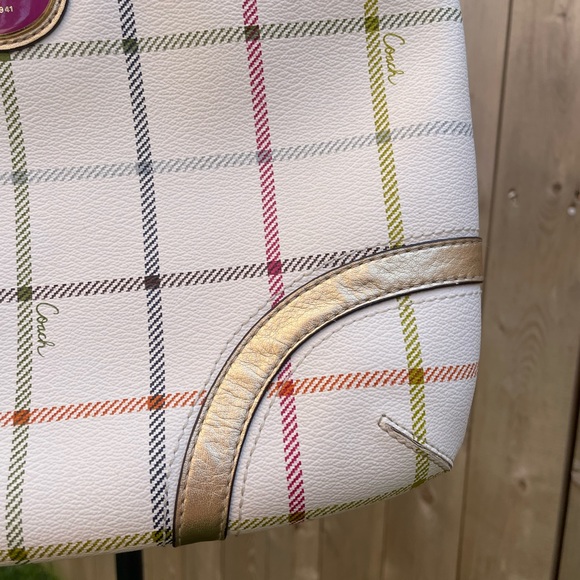 Coach Peyton Tattersall Crossbody Bag Plaid Purse White Gold Leather - Picture 3 of 16